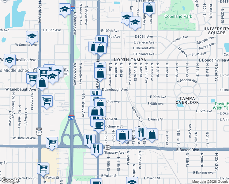map of restaurants, bars, coffee shops, grocery stores, and more near 9814 North 10th Street in Tampa