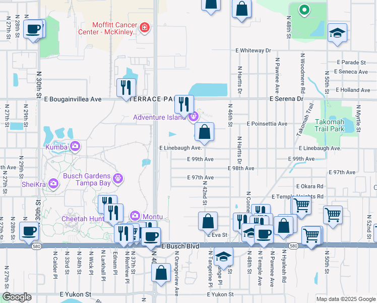 map of restaurants, bars, coffee shops, grocery stores, and more near 4121 East Linebaugh Avenue in Tampa