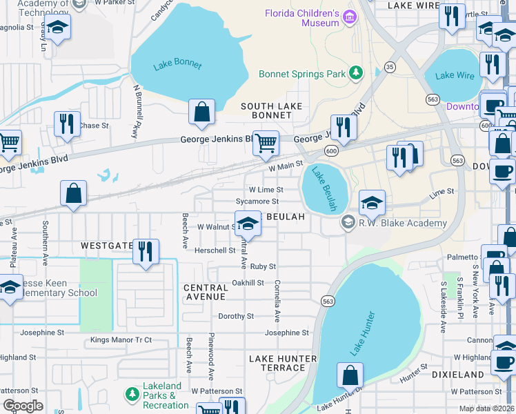 map of restaurants, bars, coffee shops, grocery stores, and more near 1125 Olive Street in Lakeland