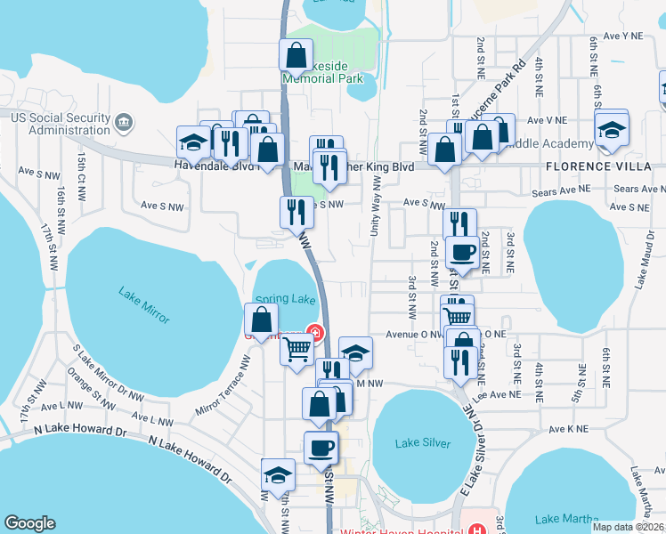 map of restaurants, bars, coffee shops, grocery stores, and more near 1700 6th Street Northwest in Winter Haven