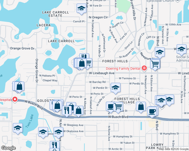 map of restaurants, bars, coffee shops, grocery stores, and more near 9816 Blue Sage Road in Tampa
