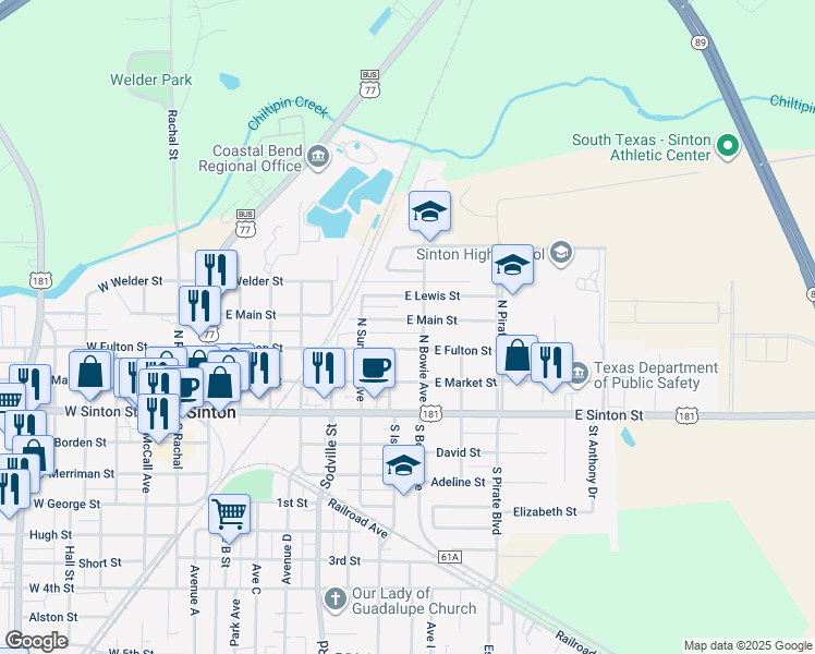 map of restaurants, bars, coffee shops, grocery stores, and more near 814 East Main Street in Sinton