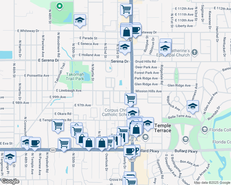 map of restaurants, bars, coffee shops, grocery stores, and more near 9811 North 53rd Street in Tampa