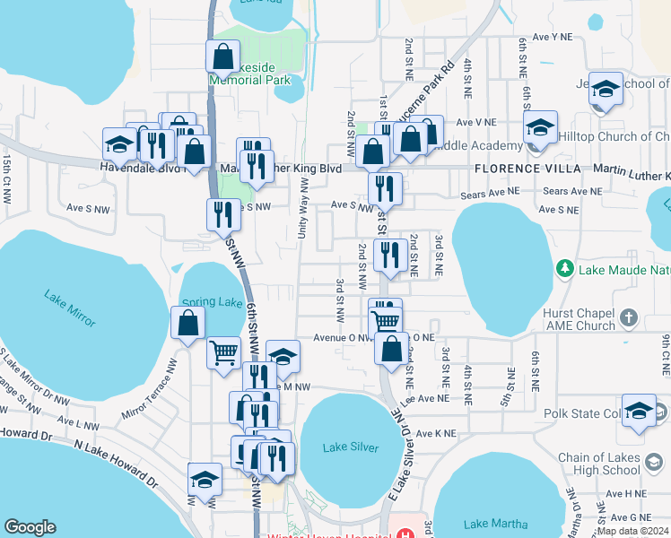map of restaurants, bars, coffee shops, grocery stores, and more near 1709 3rd Street Northwest in Winter Haven