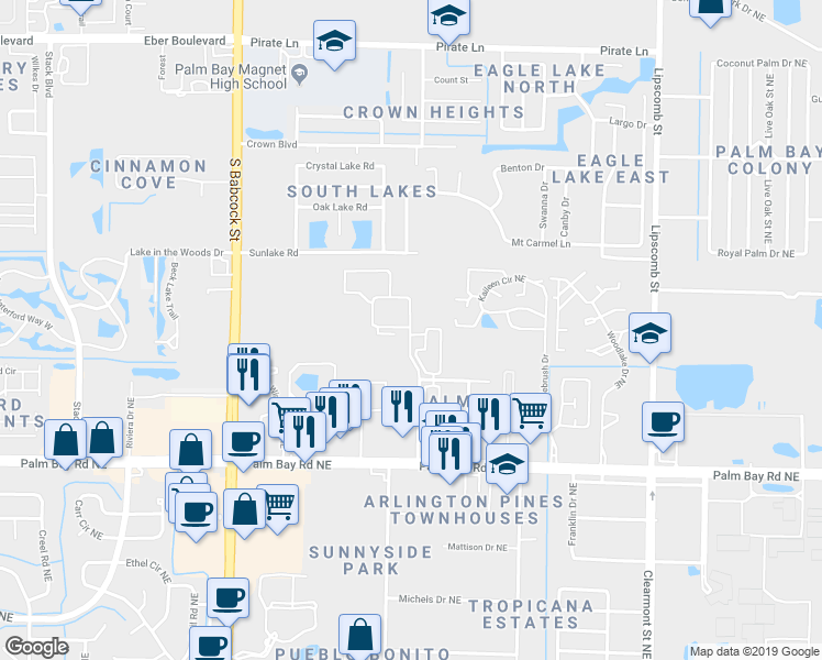 map of restaurants, bars, coffee shops, grocery stores, and more near 5321 Pinewood Drive Northeast in Palm Bay