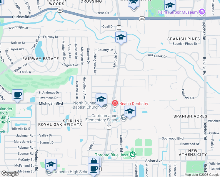 map of restaurants, bars, coffee shops, grocery stores, and more near 1541 Pleasant Grove Drive in Dunedin