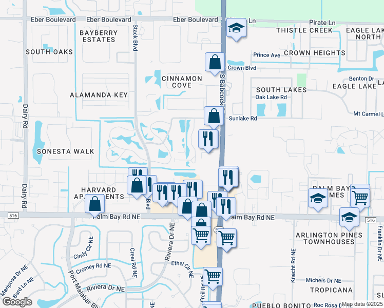 map of restaurants, bars, coffee shops, grocery stores, and more near 4570 Babcock Street Northeast in Palm Bay