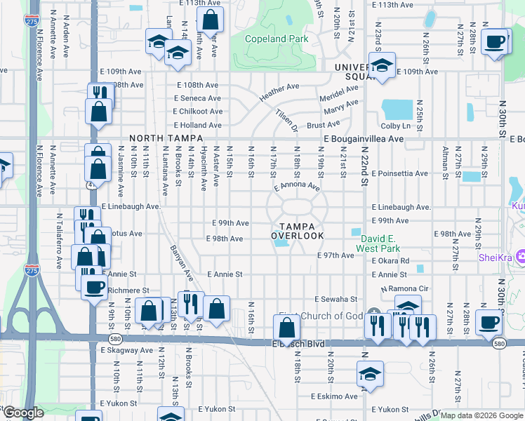 map of restaurants, bars, coffee shops, grocery stores, and more near 9907 North 16th Street in Tampa