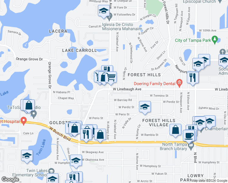 map of restaurants, bars, coffee shops, grocery stores, and more near 1768 Castle Rock Road in Tampa