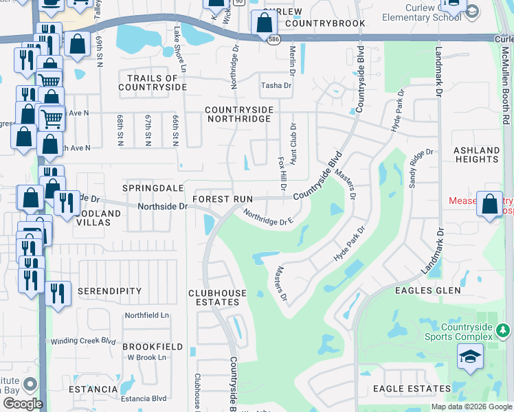 map of restaurants, bars, coffee shops, grocery stores, and more near 3237 Brushwood Court in Clearwater
