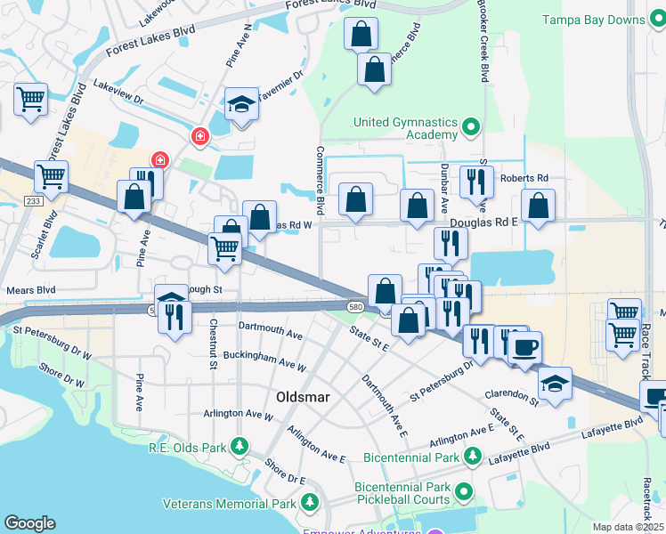 map of restaurants, bars, coffee shops, grocery stores, and more near 3935 Tampa Road in Oldsmar