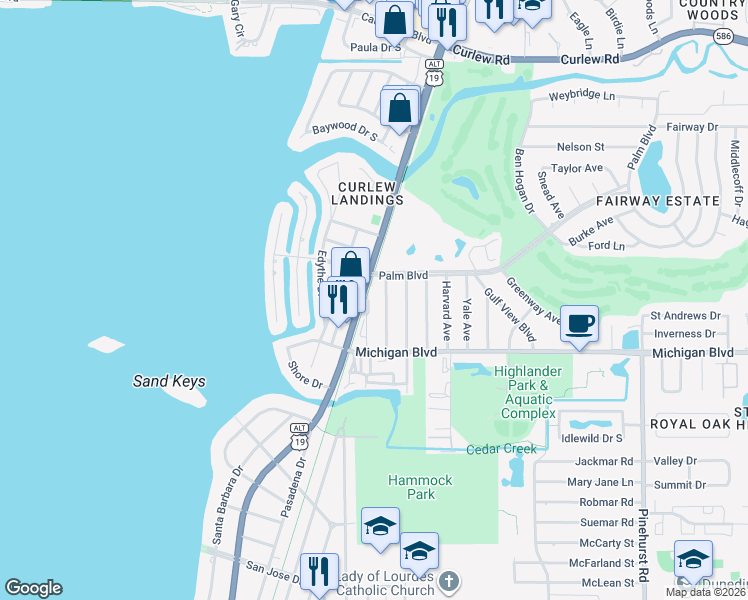 map of restaurants, bars, coffee shops, grocery stores, and more near 2037 McMullen Avenue in Dunedin