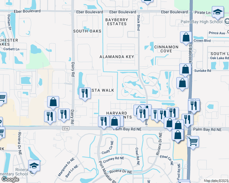 map of restaurants, bars, coffee shops, grocery stores, and more near 890 Luminary Circle in Melbourne