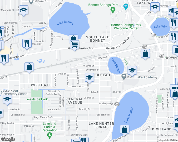 map of restaurants, bars, coffee shops, grocery stores, and more near 1150 Sycamore Street in Lakeland