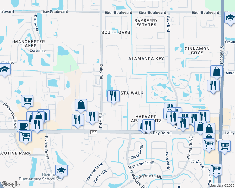 map of restaurants, bars, coffee shops, grocery stores, and more near 1075 Luminary Circle in Melbourne