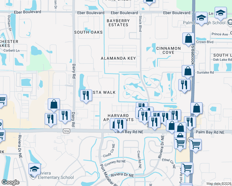 map of restaurants, bars, coffee shops, grocery stores, and more near 890 Luminary Circle in Melbourne
