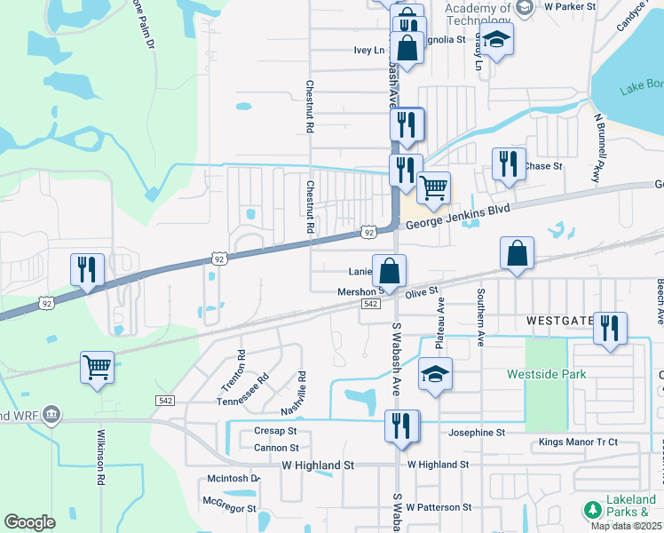 map of restaurants, bars, coffee shops, grocery stores, and more near 2229 Lanier Street in Lakeland