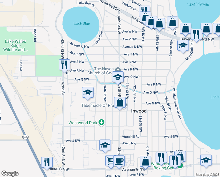 map of restaurants, bars, coffee shops, grocery stores, and more near 1470 36th Street Northwest in Winter Haven