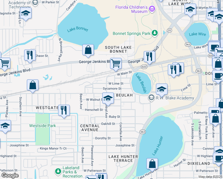 map of restaurants, bars, coffee shops, grocery stores, and more near 430 South Central Avenue in Lakeland