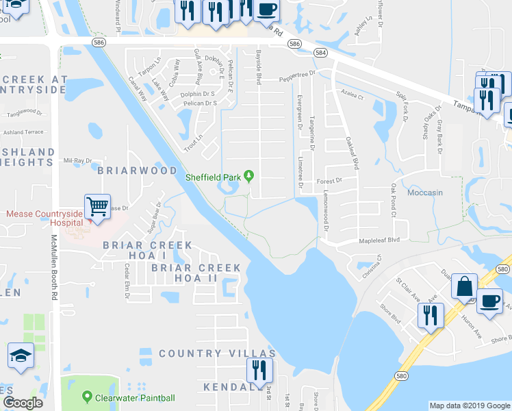 map of restaurants, bars, coffee shops, grocery stores, and more near 1919 Cutty Bay Court in Oldsmar