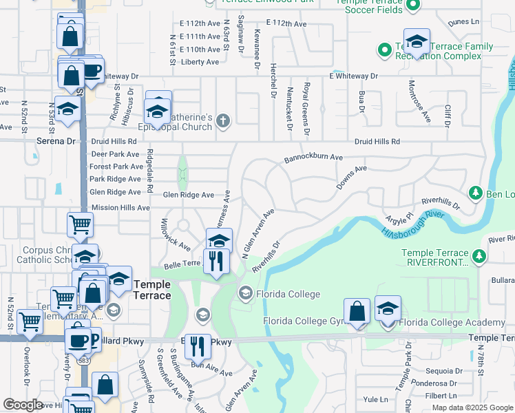map of restaurants, bars, coffee shops, grocery stores, and more near 305 Ben Avon Drive in Tampa