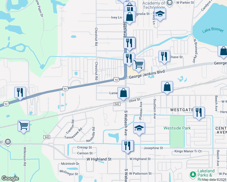 map of restaurants, bars, coffee shops, grocery stores, and more near 2132 Lanier Street in Lakeland