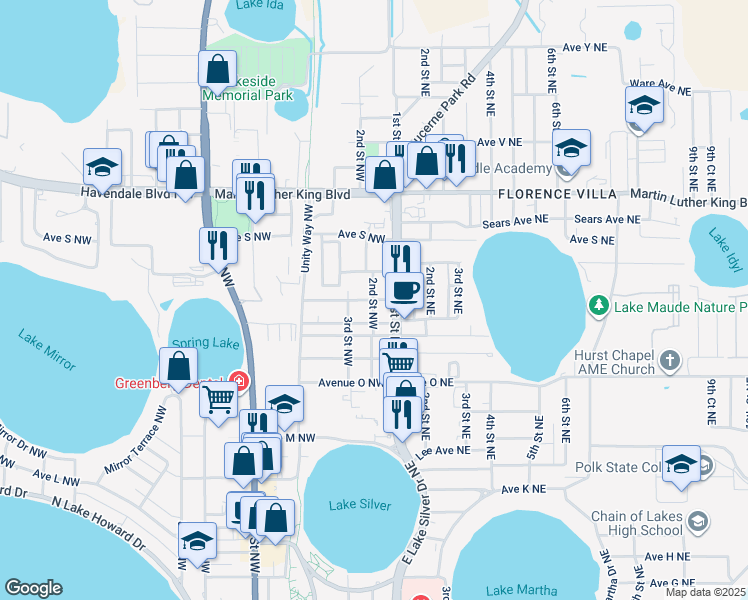 map of restaurants, bars, coffee shops, grocery stores, and more near 1708 2nd Street Northeast in Winter Haven