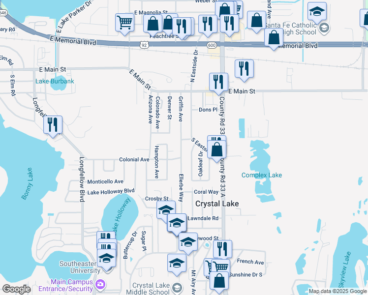 map of restaurants, bars, coffee shops, grocery stores, and more near 425 Ellerbe Way in Lakeland
