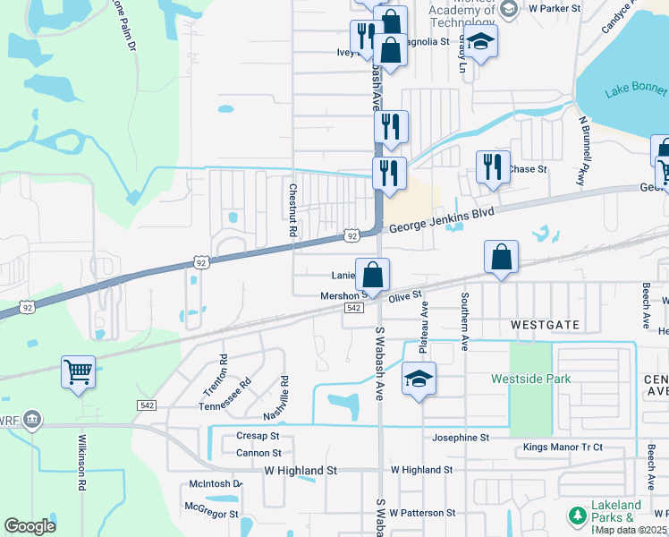 map of restaurants, bars, coffee shops, grocery stores, and more near 2132 Lanier Street in Lakeland