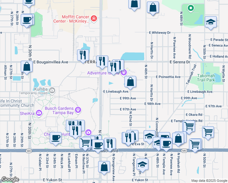 map of restaurants, bars, coffee shops, grocery stores, and more near 4103 East Linebaugh Avenue in Tampa