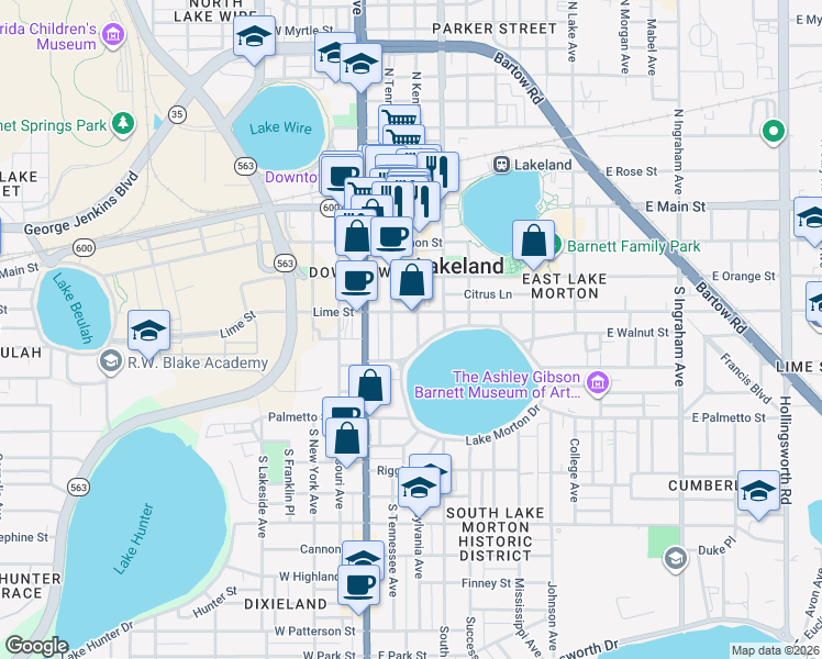map of restaurants, bars, coffee shops, grocery stores, and more near 1 Lake Morton Drive in Lakeland