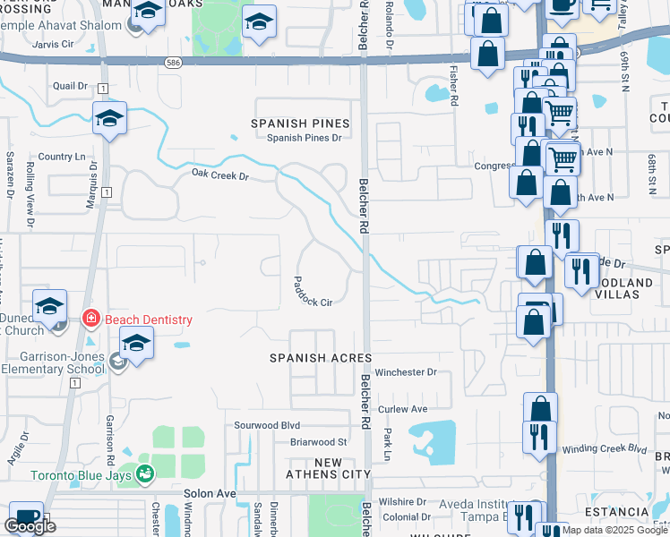 map of restaurants, bars, coffee shops, grocery stores, and more near 2182 Paddock Circle in Dunedin