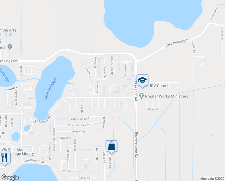 map of restaurants, bars, coffee shops, grocery stores, and more near 168 Rebecca Drive Northeast in Winter Haven