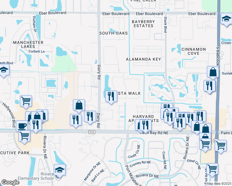 map of restaurants, bars, coffee shops, grocery stores, and more near 1125 Luminary Circle in Melbourne