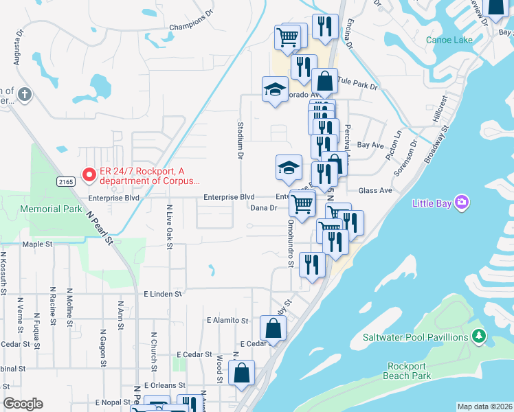 map of restaurants, bars, coffee shops, grocery stores, and more near 1411 Dana Drive in Rockport