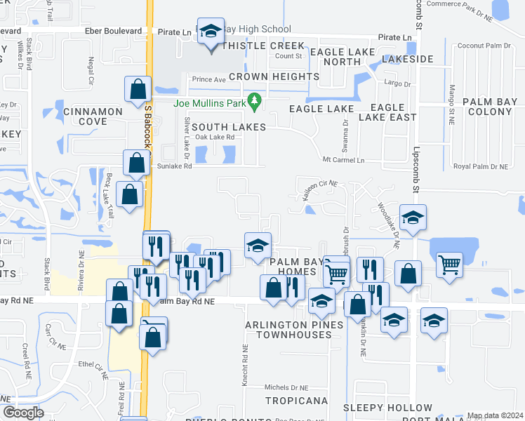 map of restaurants, bars, coffee shops, grocery stores, and more near 3525 Pinewood Drive Northeast in Palm Bay