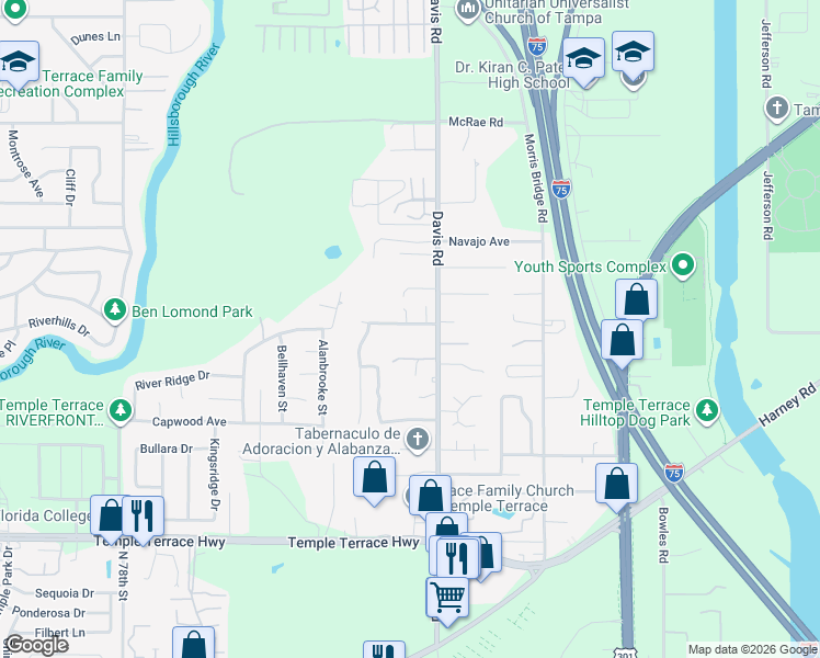 map of restaurants, bars, coffee shops, grocery stores, and more near 8601 Misty River Court in Tampa