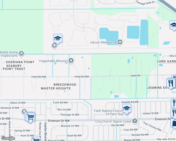 map of restaurants, bars, coffee shops, grocery stores, and more near 3805 Hield Road Northwest in Palm Bay