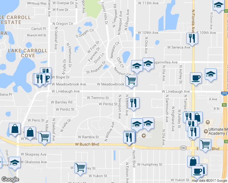 map of restaurants, bars, coffee shops, grocery stores, and more near 1234 West Linebaugh Avenue in Tampa