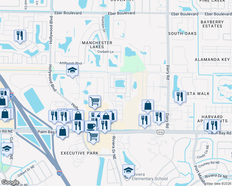 map of restaurants, bars, coffee shops, grocery stores, and more near 4551 Explorer Drive in West Melbourne