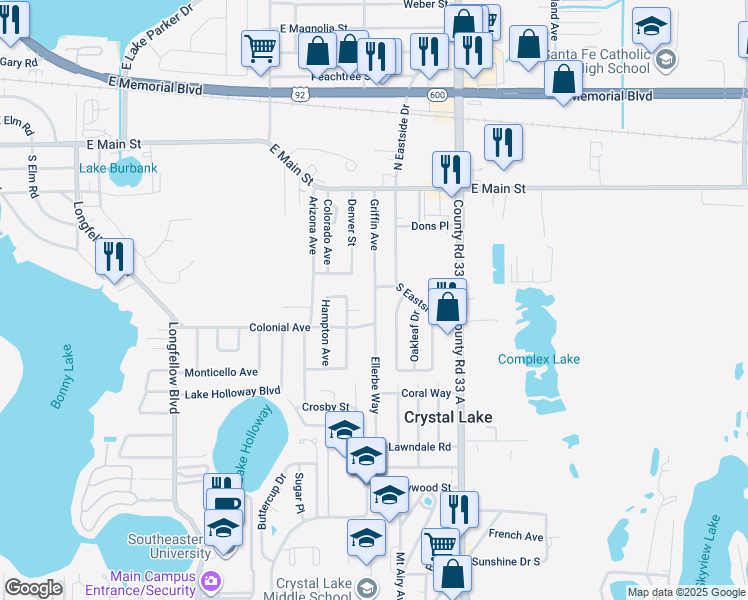 map of restaurants, bars, coffee shops, grocery stores, and more near 425 Ellerbe Way in Lakeland