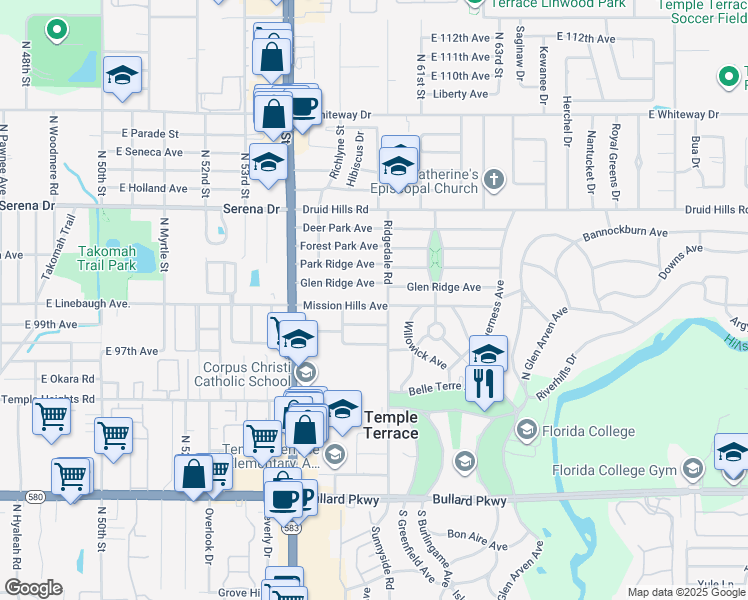 map of restaurants, bars, coffee shops, grocery stores, and more near in Tampa