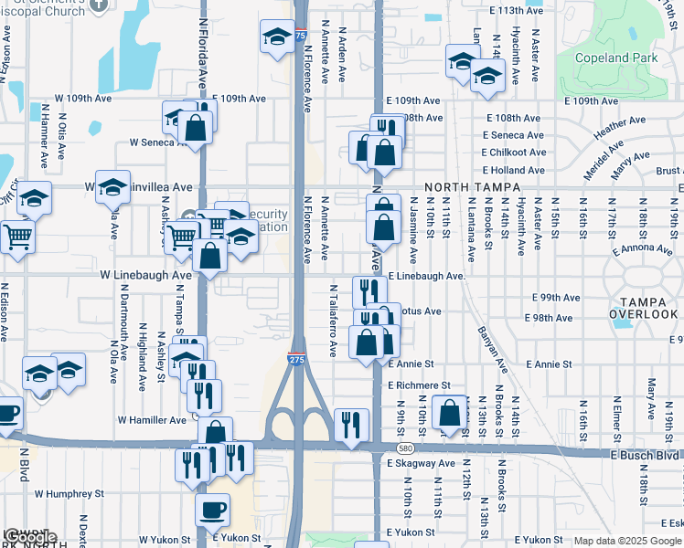 map of restaurants, bars, coffee shops, grocery stores, and more near 9902 North Taliaferro Avenue in Tampa