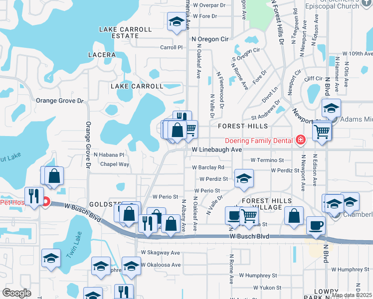 map of restaurants, bars, coffee shops, grocery stores, and more near N Armenia Ave & W Linebaugh Ave in Tampa