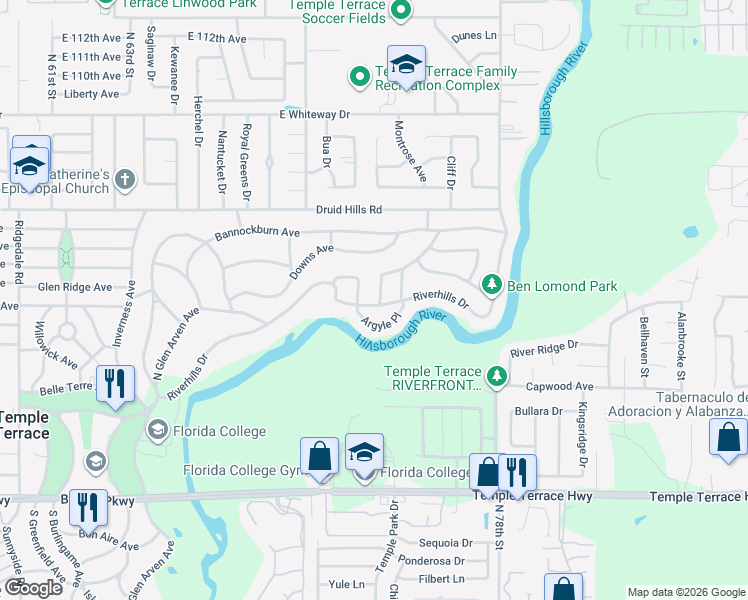 map of restaurants, bars, coffee shops, grocery stores, and more near 1115 Riverhills Drive in Tampa