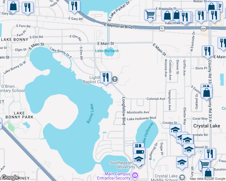 map of restaurants, bars, coffee shops, grocery stores, and more near 435 Longfellow Boulevard in Lakeland