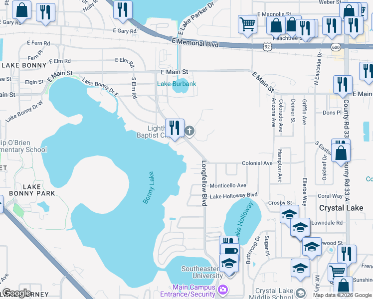 map of restaurants, bars, coffee shops, grocery stores, and more near 429 Longfellow Boulevard in Lakeland