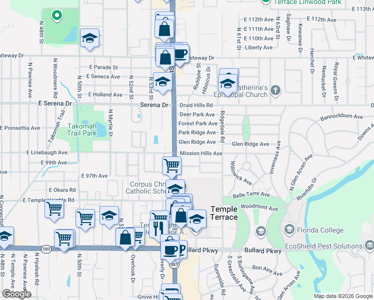 map of restaurants, bars, coffee shops, grocery stores, and more near 111 Mission Hills Avenue in Tampa