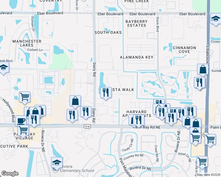 map of restaurants, bars, coffee shops, grocery stores, and more near 1075 Luminary Circle in Melbourne
