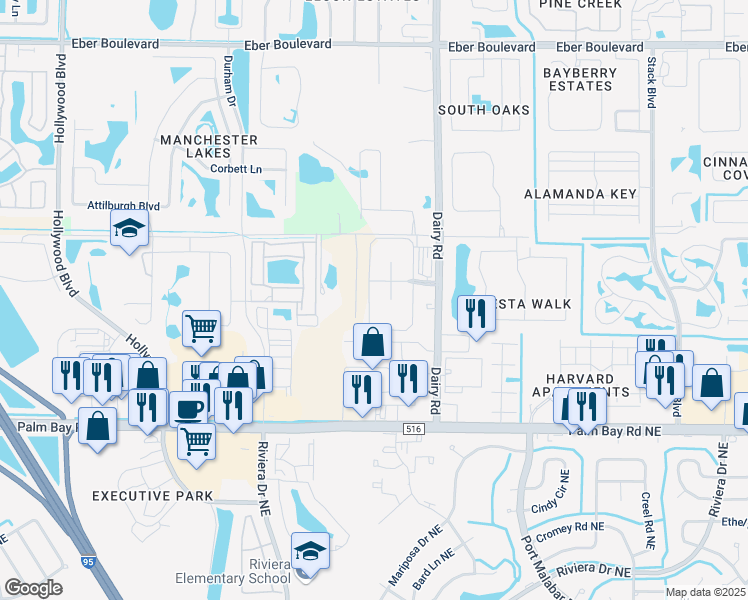 map of restaurants, bars, coffee shops, grocery stores, and more near 4782 Crew Circle in Melbourne